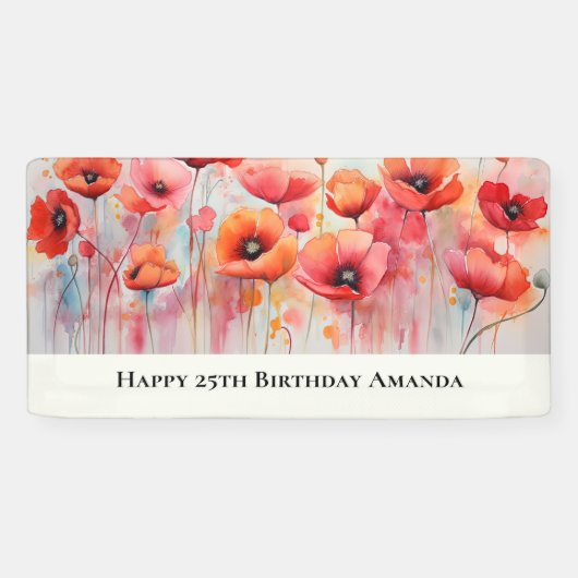 Rode klaprozen in een veld Waterverf Verjaardag Spandoek (Horizontaal)