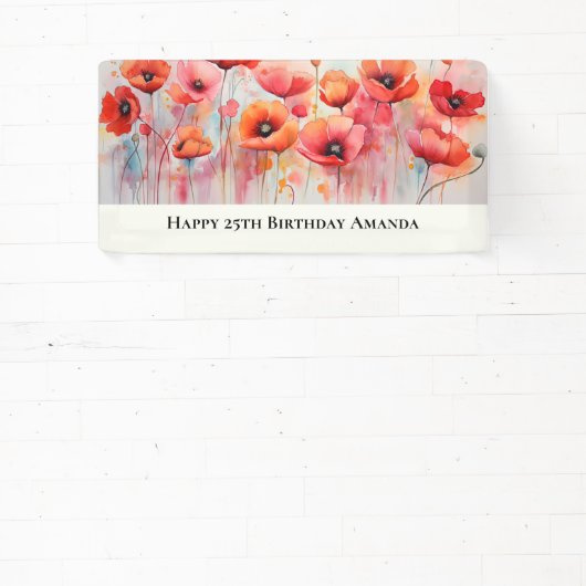 Rode klaprozen in een veld Waterverf Verjaardag Spandoek (Insitu)