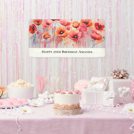 Rode klaprozen in een veld Waterverf Verjaardag Spandoek (Feest)