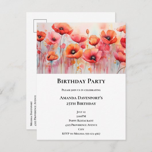 Rode klaprozen in een veld Waterverf Verjaardag Uitnodiging Briefkaart (Voorkant / Achterkant)