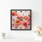 Rode klaprozen in een veld Waterverf Vierkante Klok (Huis)