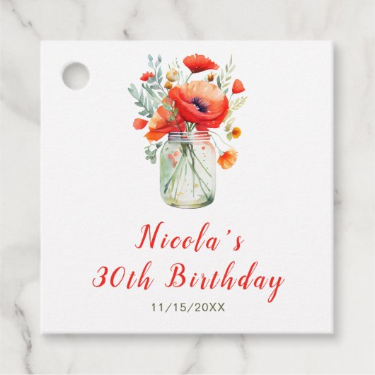 Rode Klaprozen in Mason Pot Verjaardag Bedankjes Labels (Voorkant)