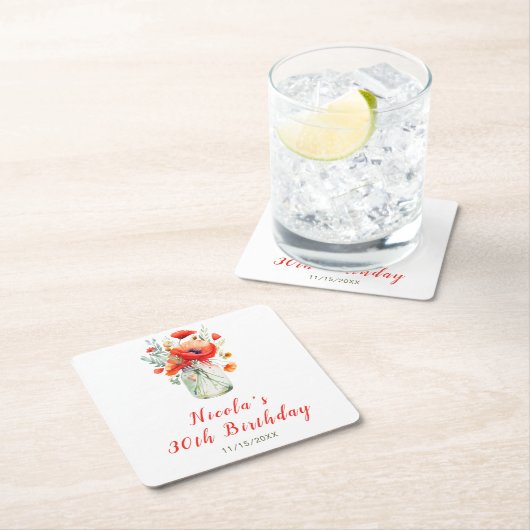 Rode Klaprozen in Mason Pot Verjaardag Kartonnen Onderzetters (Insitu)