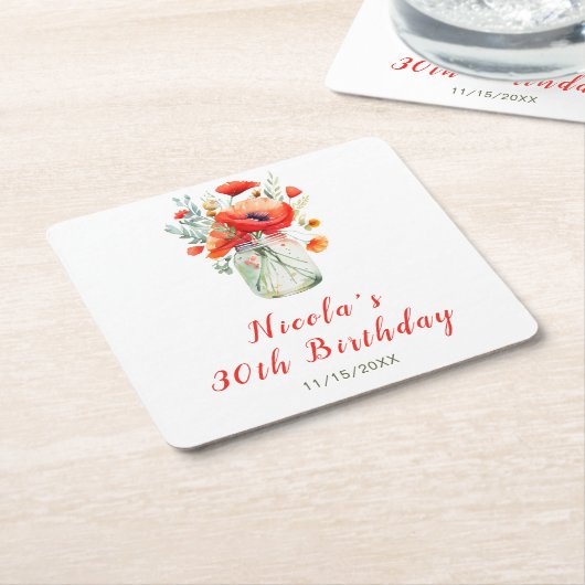 Rode Klaprozen in Mason Pot Verjaardag Kartonnen Onderzetters (Schuin)
