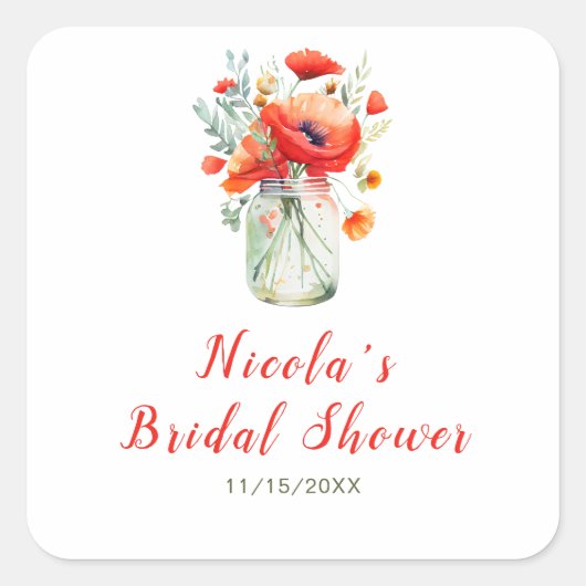 Rode klaprozen in metseljars bruidsfeest vierkante sticker (Voorkant)