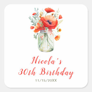 Rode Klaprozen Mason Jar Verjaardag Vierkante Sticker