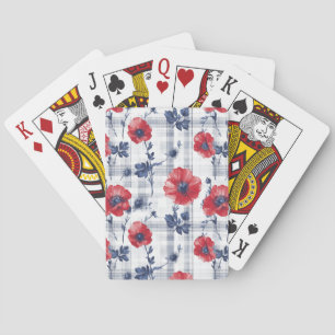 Rode klaprozen met blauwe bladeren op blauw geruit pokerkaarten