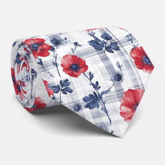 Rode klaprozen met blauwe bladeren op blauw geruit stropdas (Opgerold)