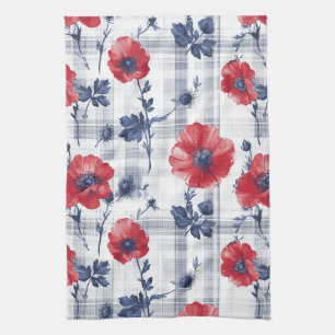 Rode klaprozen met blauwe bladeren op blauw geruit theedoek