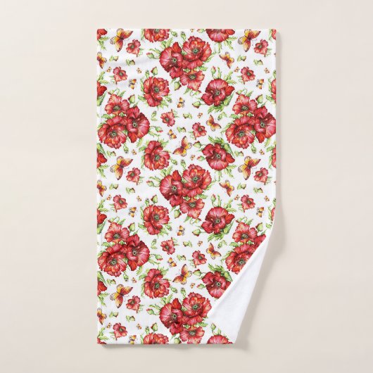 Rode klaprozen met groen gebladerte op witte achte bad handdoek (Handdoek)