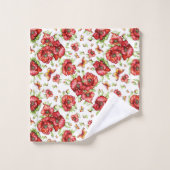 Rode klaprozen met groen gebladerte op witte achte bad handdoek (Wasdoekje)