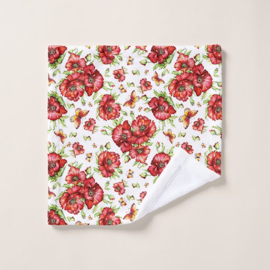Rode klaprozen met groen gebladerte op witte achte bad handdoek (Wasdoekje)