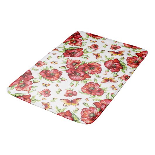 Rode klaprozen met groen gebladerte op witte achte badmat (Gekanteld)