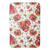 Rode klaprozen met groen gebladerte op witte achte badmat (Voorkant Verticaal)