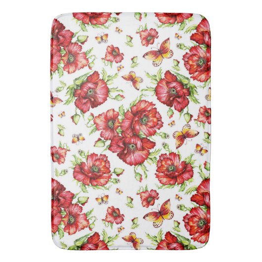 Rode klaprozen met groen gebladerte op witte achte badmat (Voorkant Verticaal)