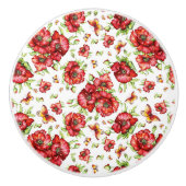 Rode klaprozen met groen gebladerte op witte achte keramische knop (Voorkant)