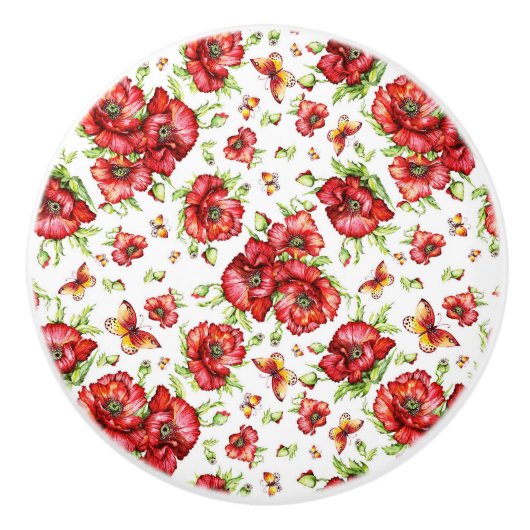 Rode klaprozen met groen gebladerte op witte achte keramische knop (Voorkant)