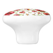 Rode klaprozen met groen gebladerte op witte achte keramische knop (Zijkant)