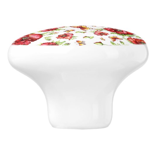 Rode klaprozen met groen gebladerte op witte achte keramische knop (Zijkant)