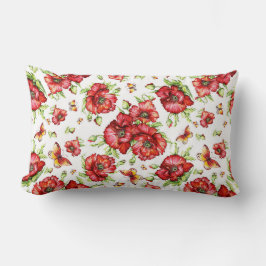 Rode klaprozen met groen gebladerte op witte achte kussen