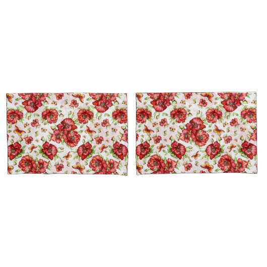 Rode klaprozen met groen gebladerte op witte achte kussensloop (Voorkant-Set)