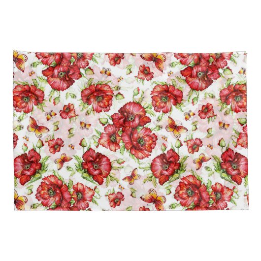 Rode klaprozen met groen gebladerte op witte achte kussensloop (Achterkant-Rechts)