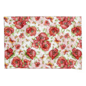 Rode klaprozen met groen gebladerte op witte achte kussensloop (Voorkant-Links)