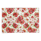 Rode klaprozen met groen gebladerte op witte achte kussensloop (Voorkant-Rechts)