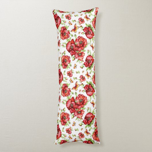 Rode klaprozen met groen gebladerte op witte achte lichaamskussen (Achterkant (Verticaal))