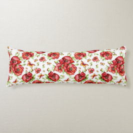 Rode klaprozen met groen gebladerte op witte achte lichaamskussen