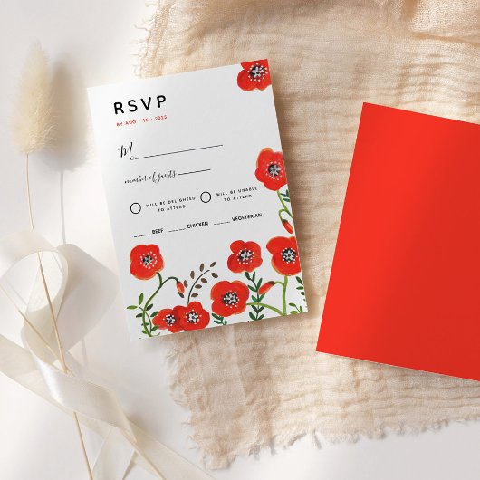 Rode klaprozen moderne bloem bruiloft RSVP kaart