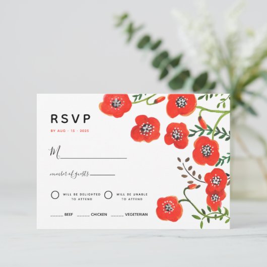 Rode klaprozen moderne bloemenbruiloft RSVP Kaart (Staand voorkant)