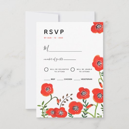 Rode klaprozen moderne bloemenbruiloft RSVP Kaart (Voorkant)