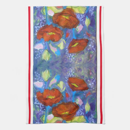 Rode klaprozen op blauwe keukenhanddoek (Verticaal)