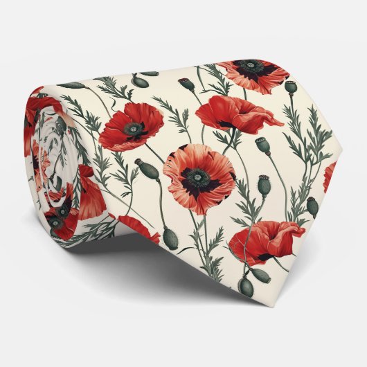 Rode klaprozen op crème stropdas (Opgerold)