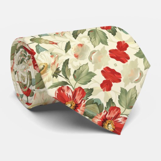 Rode klaprozen op crème stropdas (Opgerold)