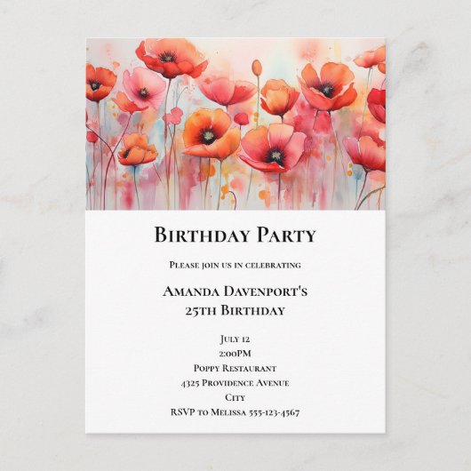 Rode klaprozen op een waterverf verjaardagskaart uitnodiging briefkaart (Voorkant)