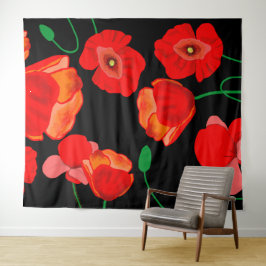 Rode klaprozen op illustratie met zwarte achtergro wandkleed