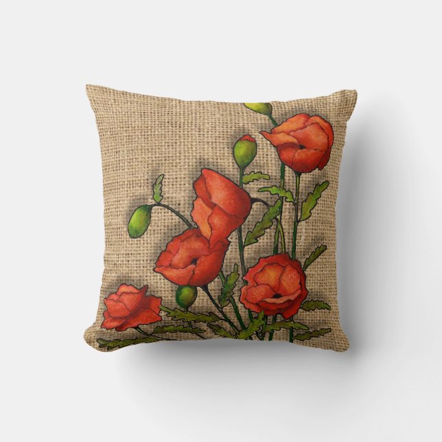 Rode klaprozen op jute achtergrond, Kunst Kussen (Voorkant)