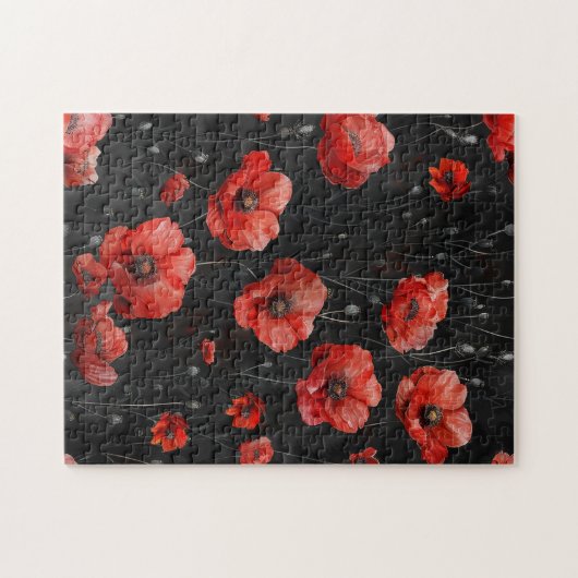 Rode klaprozen op zwart legpuzzel (Horizontaal)