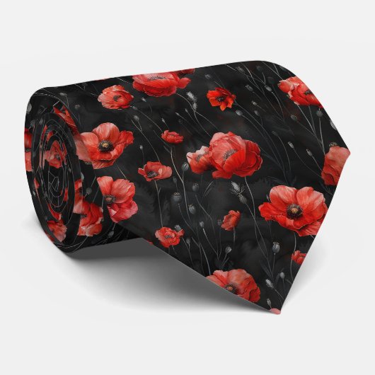 Rode klaprozen op zwart stropdas (Opgerold)