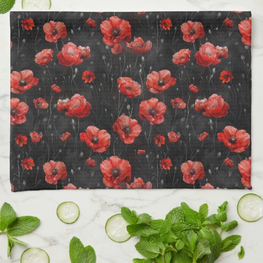 Rode klaprozen op zwart theedoek (Gevouwen)