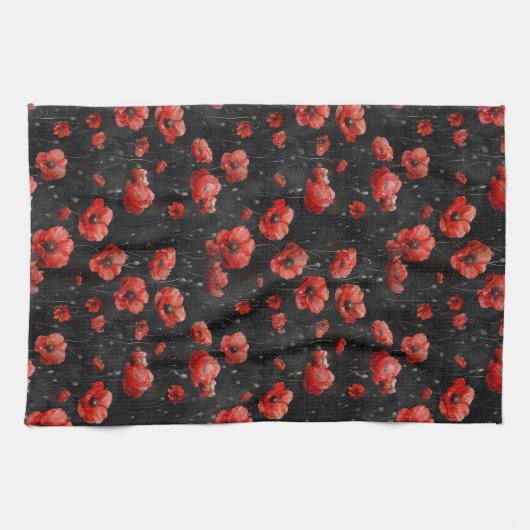 Rode klaprozen op zwart theedoek (Horizontaal)