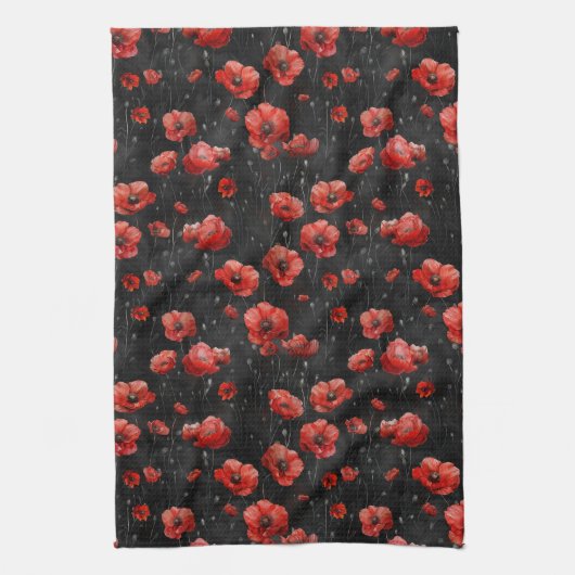 Rode klaprozen op zwart theedoek (Verticaal)