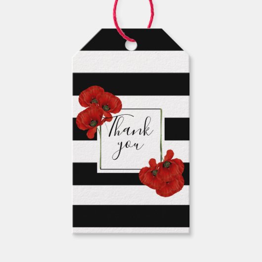 Rode klaprozen op zwart-wit gestreepte achtergrond cadeaulabel (Voorkant)
