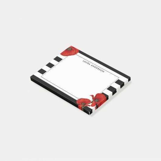 Rode klaprozen op zwarte en witte strepen post-it® notes (Schuin)