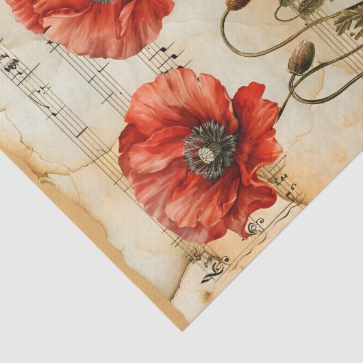 Rode klaprozen  stijl muziekblad ephemera tissuepapier (Detail)