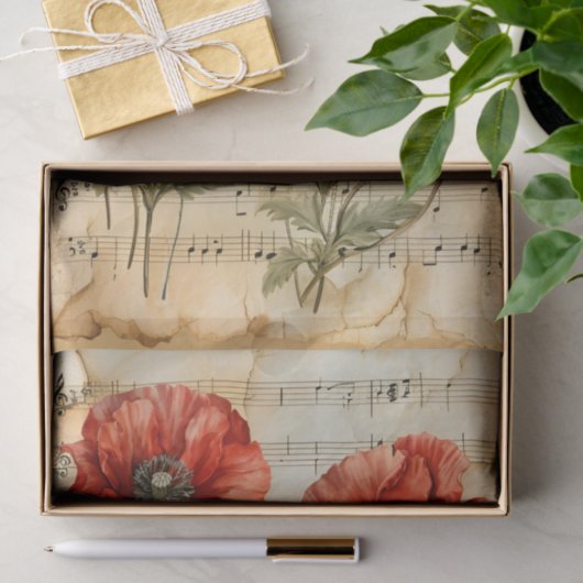 Rode klaprozen  stijl muziekblad ephemera tissuepapier (Geschenk)
