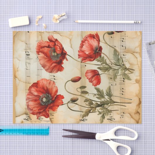 Rode klaprozen  stijl muziekblad ephemera tissuepapier (Craft)