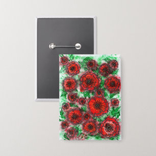 Rode Klaprozen Veld Aquarel Botanische Lijn Kunst Button